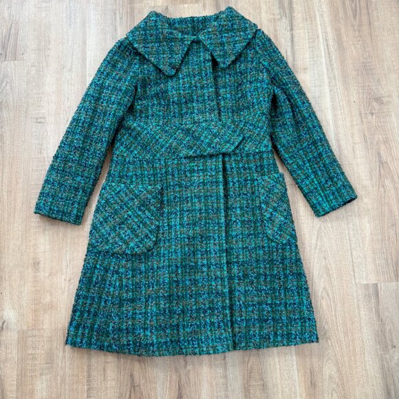 Vintage Green Tweed Coat Plaid Long Coat Wool  Unique Artsy S - Picture 7 of 11
